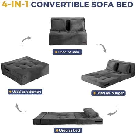 MAXYOYO Convertible Sofa Bed, Fold Out Loveseat Sleeper Sofa with Pillow, 4 in 1 Tufted Folding Couch Bed Foam Floor Couch, Lazy Chair for Living Room Bedroom Guest Room, Dark Grey