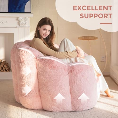 MAXYOYO Bean Bag Chair for Adults, Floral Shaped Bean Bag Sofa, Ultra Soft Faux Fur Floor Sofa, Large Reading Chair for Living Room Bedroom, Beige, Single