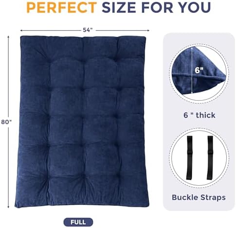 MAXYOYO Japanese Floor Mattress Full Size, 6" Foldable Futon Mattress Tufted Roll Up Floor Bed, Thick Chenille Tatami Mat Sleeping Pad for Camping Guest Room Dormitory Bedroom RV, Navy