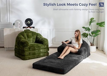 MAXYOYO Folding Sofa Bed, 2 in 1 Convertible Sofa to Lounger Comfy Single Bean Bag Chair for Adults, Floor Sleeper Couch with Handle, Faux Fur Couch Bed for Living Room Bedroom, Pink