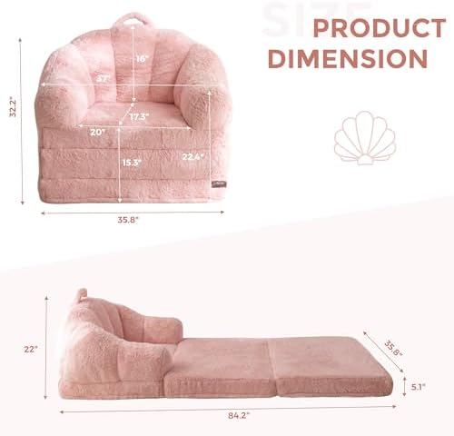 MAXYOYO Folding Sofa Bed, 2 in 1 Convertible Sofa to Lounger Comfy Single Bean Bag Chair for Adults, Floor Sleeper Couch with Handle, Faux Fur Couch Bed for Living Room Bedroom, Pink