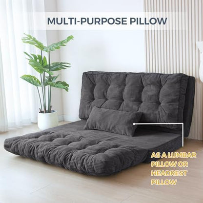 MAXYOYO Bean Bag Bed Tufted Folding Sofa Bed with Pillows, Extra Thick and Long Floor Mattress for Adults, Single Couch Bed for Bedroom Living Room, Beige, 30x91 Inch