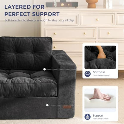 MAXYOYO Bean Bag Chair for Adults, Upholstered Floor Sofa with Armrests, Loveseat Boneless Couch with Tufted Cushion &amp; Backrest, Sofa in A Box, Large Bean Bag Couch for Bedroom Living Room, Black
