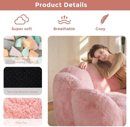 MAXYOYO Bean Bag Chair for Adults, Floral Shaped Bean Bag Sofa, Ultra Soft Faux Fur Floor Sofa, Large Reading Chair for Living Room Bedroom, Beige, Single