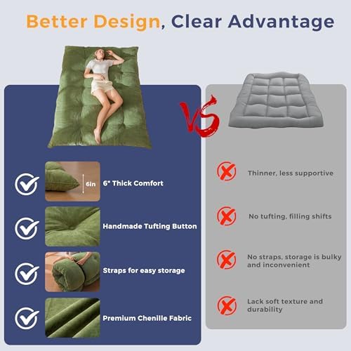 MAXYOYO Japanese Floor Mattress Full Size, 6" Foldable Futon Mattress Tufted Roll Up Floor Bed, Thick Chenille Tatami Mat Sleeping Pad for Camping Guest Room Dormitory Bedroom RV, Navy