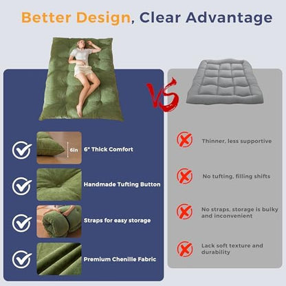 MAXYOYO Japanese Floor Mattress Full Size, 6" Foldable Futon Mattress Tufted Roll Up Floor Bed, Thick Chenille Tatami Mat Sleeping Pad for Camping Guest Room Dormitory Bedroom RV, Navy