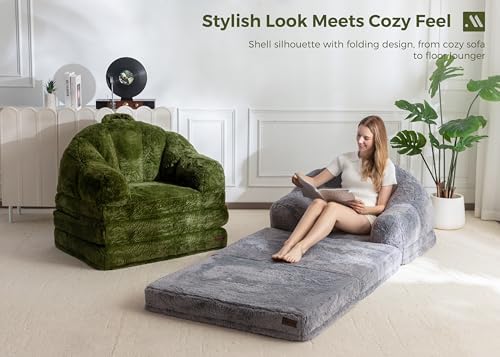 MAXYOYO Folding Sofa Bed, 2 in 1 Convertible Sofa to Lounger Comfy Single Bean Bag Chair for Adults, Floor Sleeper Couch with Handle, Faux Fur Couch Bed for Living Room Bedroom, Pink