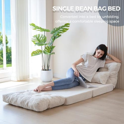 MAXYOYO Bean Bag Bed Tufted Folding Sofa Bed with Pillows, Extra Thick and Long Floor Mattress for Adults, Single Couch Bed for Bedroom Living Room, Beige, 30x91 Inch