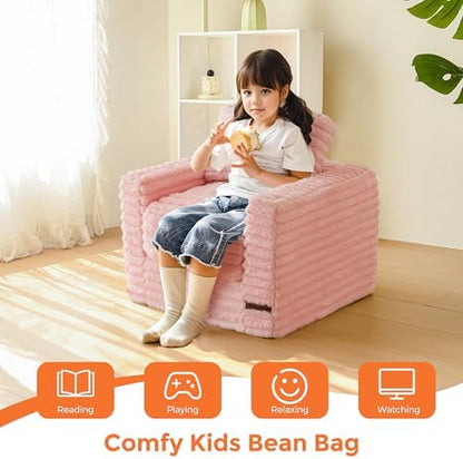 MAXYOYO Kids Bean Bag Chair, Comfy Faux Fur Bean Bag Sofa with Filler, Upholstered Floor Sofa with Pillows and Armrests, Lazy Floor Chair Couch for Boys and Girls, Pink