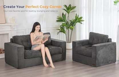 MAXYOYO Bean Bag Chair for Adults, Upholstered Floor Sofa with Armrests, Loveseat Boneless Couch with Tufted Cushion &amp; Backrest, Sofa in A Box, Large Bean Bag Couch for Bedroom Living Room, Dark Grey