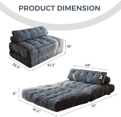 MAXYOYO Folding Sofa Bed, Convertible Sleeper Chair with Pillow Foldable Mattress with Back Support, Portable Fold Out Chair Bed Comfy Floor Sofa Lounge for Living Room Bedroom, Dark Grey, Single