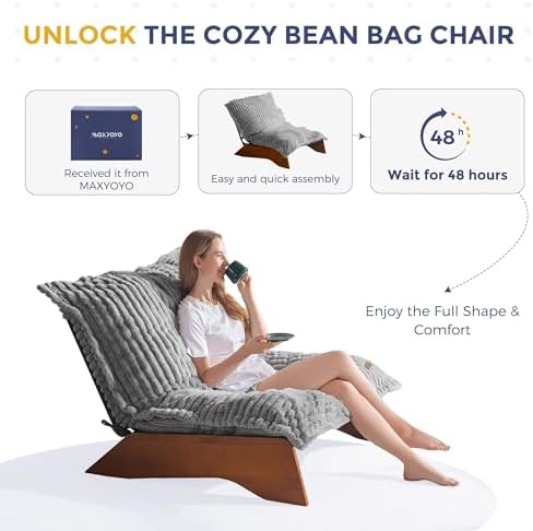 MAXYOYO Adjustable Living Room Chair, 3-Position Bean Bag Chair with Removable Cover, Upholstered Accent Chair with Frame, Soft Reclining Lounge for Bedroom, Apartment, Office, Beige
