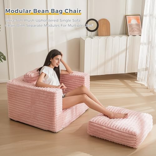 MAXYOYO Giant Bean Bag Chair for Adults, Upholstered Loveseat Floor Sofa with Pillows and Armrests, Large Bean Bag Sofa Plush Chair Bean Bag Couch for Bedroom Living Room, Grey
