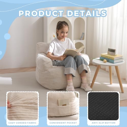 MAXYOYO Kids Bean Bag Chair, Stuffed Toddler Bean Bag Sofa with Filler Bean Bag Chair for Boys and Girls, Lazy Sofa with Pocket Floor Chair for Gaming, Reading, Pink
