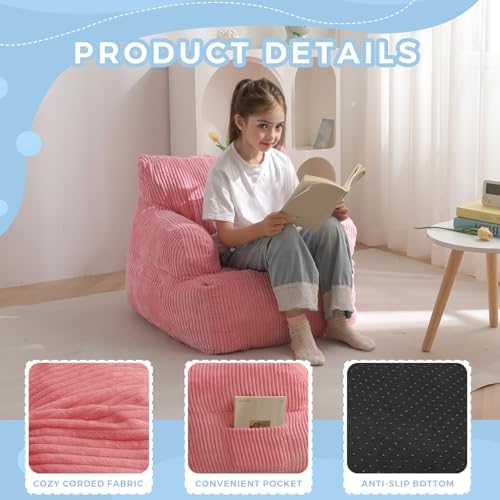 MAXYOYO Kids Bean Bag Chair, Stuffed Toddler Bean Bag Sofa with Filler Bean Bag Chair for Boys and Girls, Lazy Sofa with Pocket Floor Chair for Gaming, Reading, Pink