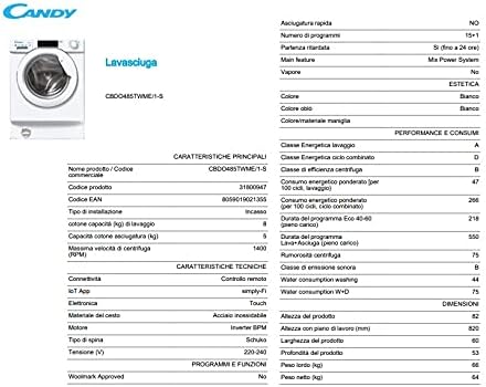 CBDO485TWME/1-S Lave-Sécheuse Intelligente Encastrable, Capacité 8 Kg, 1400 Tours, Charge Avant, Wi-Fi + Bluetooth, 60 X 53 X 82 Cm, Blanc, Classe D