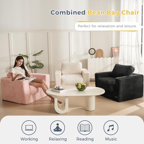 MAXYOYO Giant Bean Bag Chair for Adults, Upholstered Loveseat Floor Sofa with Pillows and Armrests, Large Bean Bag Sofa Plush Chair Bean Bag Couch for Bedroom Living Room, Grey