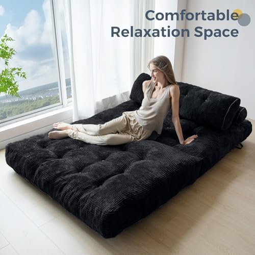 MAXYOYO Folding Sofa Bed, Convertible Sleeper Chair with Pillow Foldable Mattress with Back Support, Portable Fold Out Chair Bed Comfy Floor Sofa Lounge for Living Room Bedroom, Dark Grey, Single