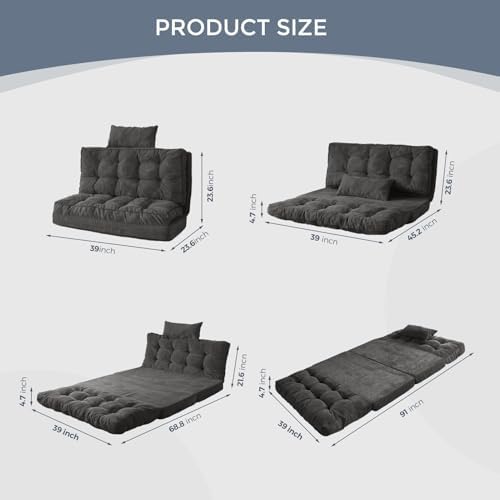 MAXYOYO Bean Bag Bed Tufted Folding Sofa Bed with Pillows, Extra Thick and Long Floor Mattress for Adults, Single Couch Bed for Bedroom Living Room, Beige, 30x91 Inch