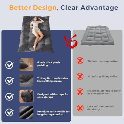 MAXYOYO Japanese Floor Mattress Full Size, 6" Foldable Futon Mattress Tufted Roll Up Floor Bed, Thick Chenille Tatami Mat Sleeping Pad for Camping Guest Room Dormitory Bedroom RV, Navy