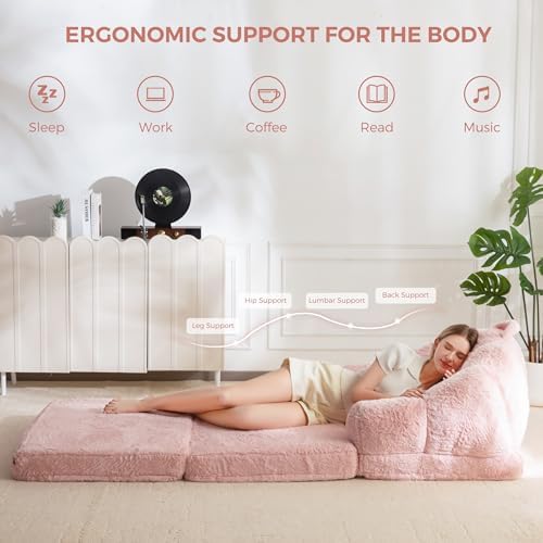 MAXYOYO Folding Sofa Bed, 2 in 1 Convertible Sofa to Lounger Comfy Single Bean Bag Chair for Adults, Floor Sleeper Couch with Handle, Faux Fur Couch Bed for Living Room Bedroom, Pink
