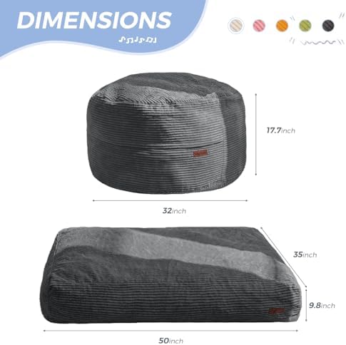 MAXYOYO Bean Bag Chair Bed for Kids, Convertible Bean Bag Folds from Lazy Chair to Floor Mattress Bed, Machine Washable Corded Fabric, Stuffed Floor Sofa Couch for Boys and Girls, Dark Grey