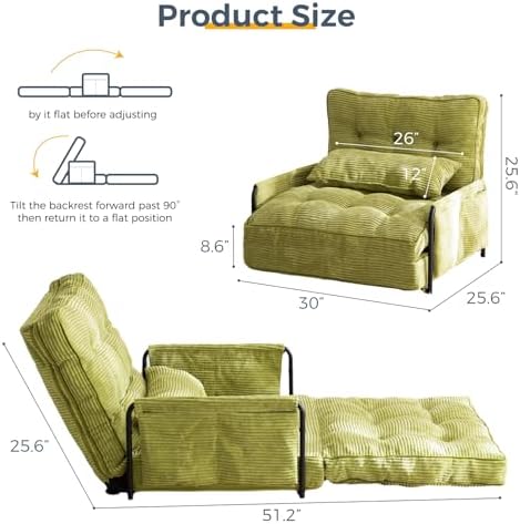 MAXYOYO Adjustable Floor Sofa Couch with Pillow, Multi-Functional Bean Bag Bed, 5-Position Foldable Lazy Sofa Sleeper Bed with Armrest, Versatile Floor Seating for Reading Gaming, Green, Single