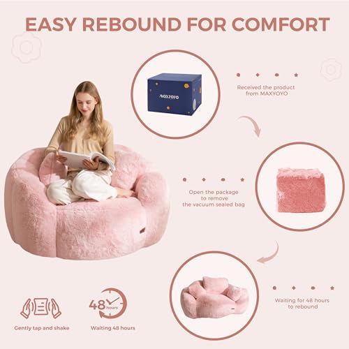 MAXYOYO Bean Bag Chair for Adults, Floral Shaped Bean Bag Sofa, Ultra Soft Faux Fur Floor Sofa, Large Reading Chair for Living Room Bedroom, Beige, Single