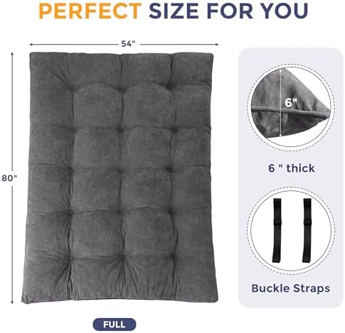 MAXYOYO Japanese Floor Mattress Full Size, 6" Foldable Futon Mattress Tufted Roll Up Floor Bed, Thick Chenille Tatami Mat Sleeping Pad for Camping Guest Room Dormitory Bedroom RV, Navy