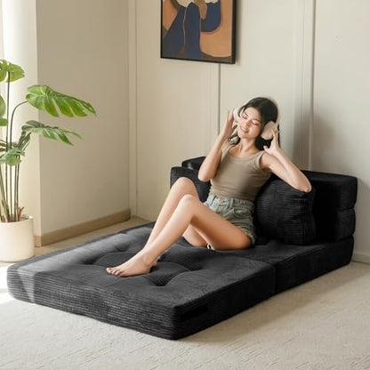 MAXYOYO Convertible Sofa Bed, Fold Out Loveseat Sleeper Sofa with Pillow, 4 in 1 Tufted Folding Couch Bed Foam Floor Couch, Lazy Chair for Living Room Bedroom Guest Room, Dark Grey