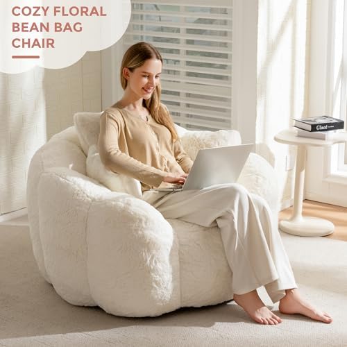 MAXYOYO Bean Bag Chair for Adults, Floral Shaped Bean Bag Sofa, Ultra Soft Faux Fur Floor Sofa, Large Reading Chair for Living Room Bedroom, Beige, Single