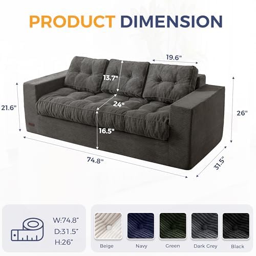 MAXYOYO Bean Bag Chair for Adults, Upholstered Floor Sofa with Armrests, Loveseat Boneless Couch with Tufted Cushion &amp; Backrest, Sofa in A Box, Large Bean Bag Couch for Bedroom Living Room, Dark Grey