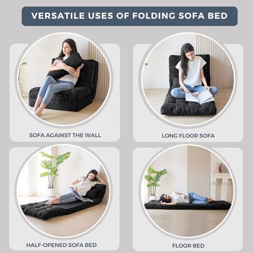 MAXYOYO Bean Bag Bed Tufted Folding Sofa Bed with Pillows, Extra Thick and Long Floor Mattress for Adults, Single Couch Bed for Bedroom Living Room, Beige, 30x91 Inch
