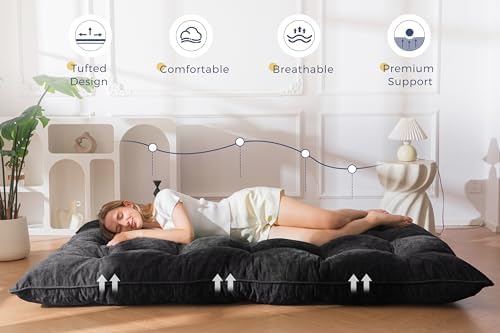 MAXYOYO Japanese Floor Mattress Full Size, 6" Foldable Futon Mattress Tufted Roll Up Floor Bed, Thick Chenille Tatami Mat Sleeping Pad for Camping Guest Room Dormitory Bedroom RV, Navy