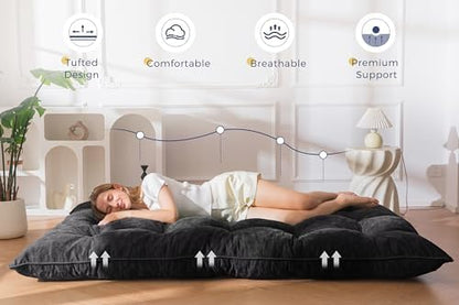 MAXYOYO Japanese Floor Mattress Full Size, 6" Foldable Futon Mattress Tufted Roll Up Floor Bed, Thick Chenille Tatami Mat Sleeping Pad for Camping Guest Room Dormitory Bedroom RV, Navy