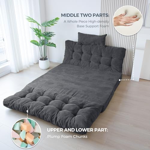 MAXYOYO Bean Bag Bed Tufted Folding Sofa Bed with Pillows, Extra Thick and Long Floor Mattress for Adults, Single Couch Bed for Bedroom Living Room, Beige, 30x91 Inch