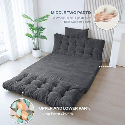 MAXYOYO Bean Bag Bed Tufted Folding Sofa Bed with Pillows, Extra Thick and Long Floor Mattress for Adults, Single Couch Bed for Bedroom Living Room, Beige, 30x91 Inch