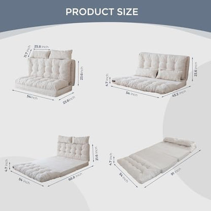 MAXYOYO Bean Bag Bed Tufted Folding Sofa Bed with Pillows, Extra Thick and Long Floor Mattress for Adults, Single Couch Bed for Bedroom Living Room, Beige, 30x91 Inch