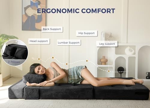 MAXYOYO Convertible Sofa Bed, Fold Out Loveseat Sleeper Sofa with Pillow, 4 in 1 Tufted Folding Couch Bed Foam Floor Couch, Lazy Chair for Living Room Bedroom Guest Room, Dark Grey