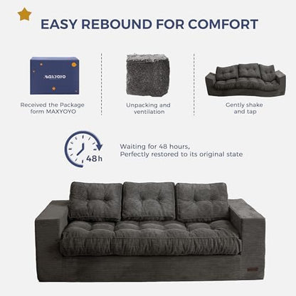 MAXYOYO Bean Bag Chair for Adults, Upholstered Floor Sofa with Armrests, Loveseat Boneless Couch with Tufted Cushion &amp; Backrest, Sofa in A Box, Large Bean Bag Couch for Bedroom Living Room, Black