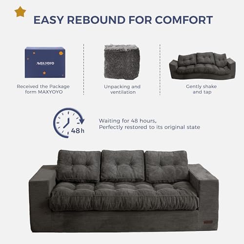 MAXYOYO Bean Bag Chair for Adults, Upholstered Floor Sofa with Armrests, Loveseat Boneless Couch with Tufted Cushion &amp; Backrest, Sofa in A Box, Large Bean Bag Couch for Bedroom Living Room, Dark Grey