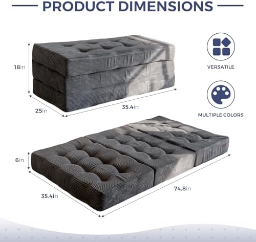 MAXYOYO Tri-Fold Mattress, 6 Inch Tufted Folding Mattress Full Foam Bed, Foldable Floor Couch Guest Bed Topper Portable Camping Sleeper with Corded Fabric, Dark Grey, 53"x75"