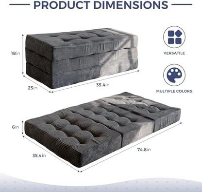 MAXYOYO Tri-Fold Mattress, 6 Inch Tufted Folding Mattress Full Foam Bed, Foldable Floor Couch Guest Bed Topper Portable Camping Sleeper with Corded Fabric, Dark Grey, 53"x75"
