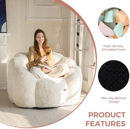 MAXYOYO Bean Bag Chair for Adults, Floral Shaped Bean Bag Sofa, Ultra Soft Faux Fur Floor Sofa, Large Reading Chair for Living Room Bedroom, Beige, Single