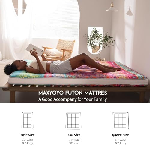 MAXYOYO Black Moon and Star Futon Mattress, Japanese Floor Mattress Quilted Bed Mattress Topper, Extra Thick Folding Sleeping Pad Breathable Floor Lounger Guest Bed for Camping Couch, Twin