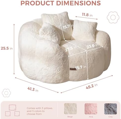 MAXYOYO Bean Bag Chair for Adults, Floral Shaped Bean Bag Sofa, Ultra Soft Faux Fur Floor Sofa, Large Reading Chair for Living Room Bedroom, Beige, Single