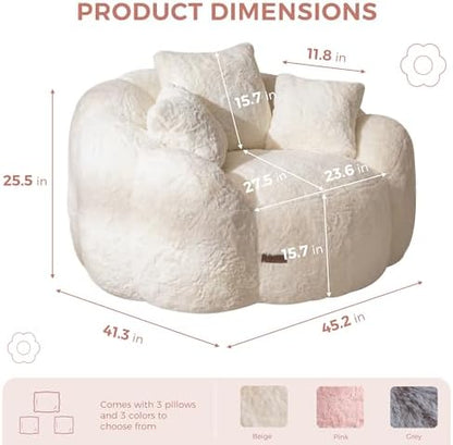 MAXYOYO Bean Bag Chair for Adults, Floral Shaped Bean Bag Sofa, Ultra Soft Faux Fur Floor Sofa, Large Reading Chair for Living Room Bedroom, Beige, Single