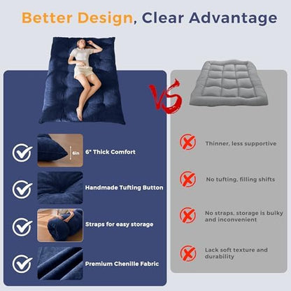MAXYOYO Japanese Floor Mattress Full Size, 6" Foldable Futon Mattress Tufted Roll Up Floor Bed, Thick Chenille Tatami Mat Sleeping Pad for Camping Guest Room Dormitory Bedroom RV, Navy