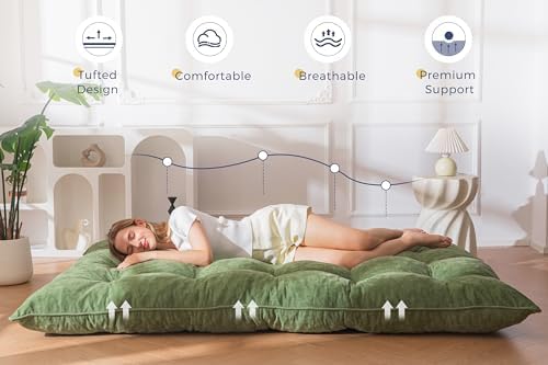 MAXYOYO Japanese Floor Mattress Full Size, 6" Foldable Futon Mattress Tufted Roll Up Floor Bed, Thick Chenille Tatami Mat Sleeping Pad for Camping Guest Room Dormitory Bedroom RV, Navy