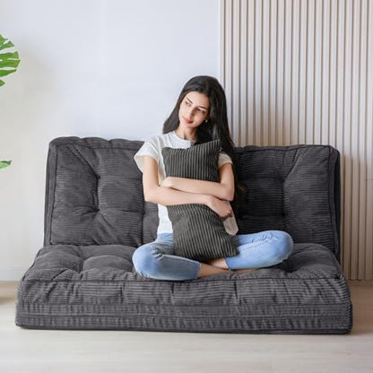MAXYOYO Bean Bag Bed Tufted Folding Sofa Bed with Pillows, Extra Thick and Long Floor Mattress for Adults, Single Couch Bed for Bedroom Living Room, Beige, 30x91 Inch